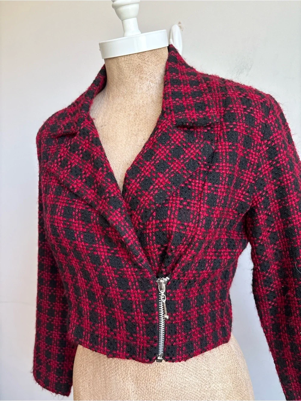 Vintage Rampage Cropped Plaid Moto Jacket Red Black Wool Blend Y2K Grunge